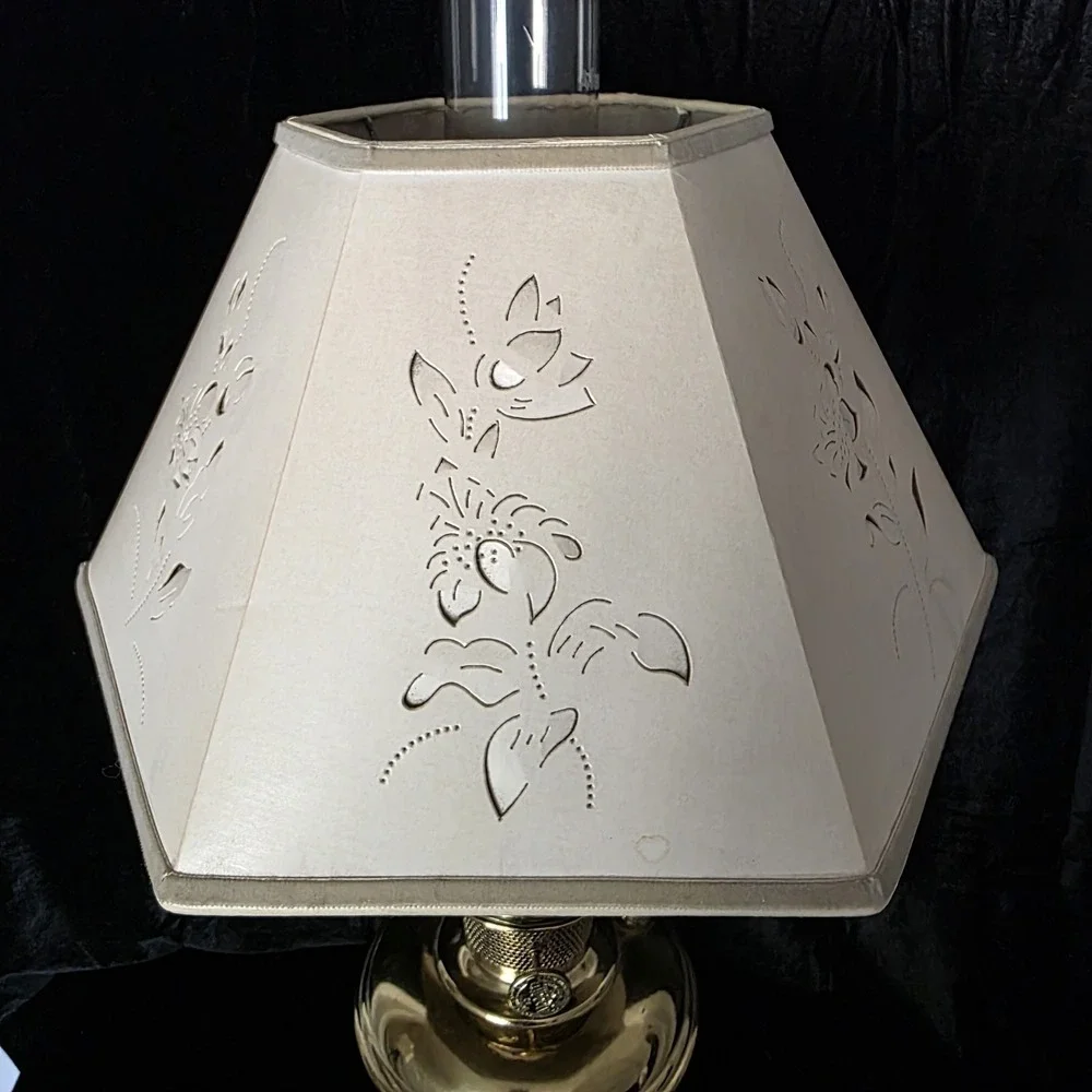VTG Aladdin 12 Brass Oil to Electric Lamp, Lox-on Chimney & Cut-out Floral Shade